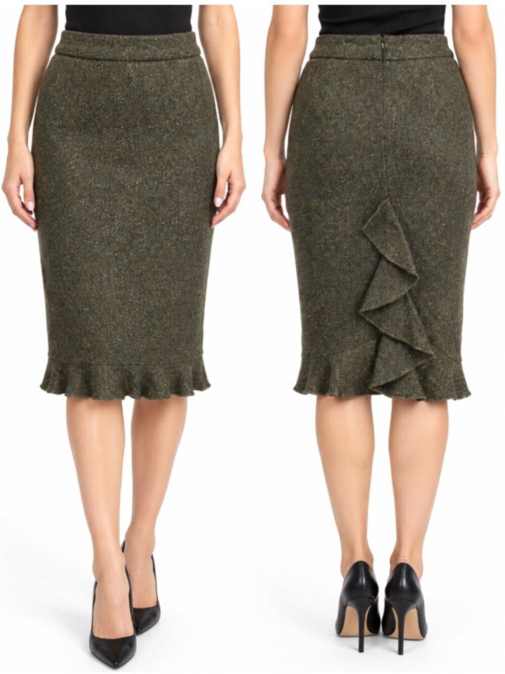 Club Monaco Tweed Wool Skirts Olive Green Back Ruffle Work Preppy Academia Chic